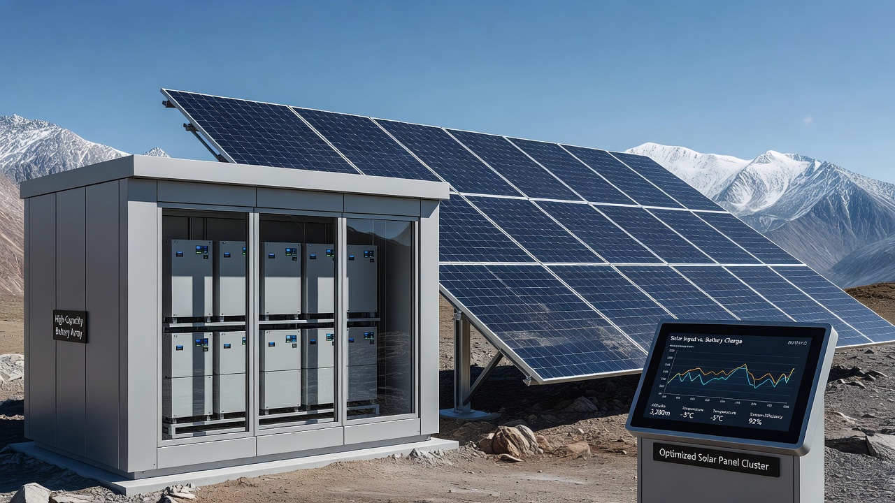 Technicians inspecting battery racks connected to solar inverters at a high-elevation off-grid facility