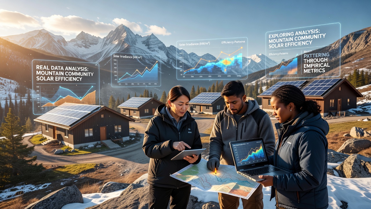Data visualization dashboard displaying solar output graphs from mountain monitoring stations with elevation and temperature overlays